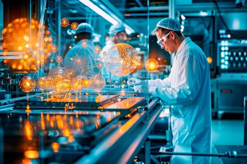 Quantum simulation, a researcher in a modern laboratory analyses concentrated data on an advanced