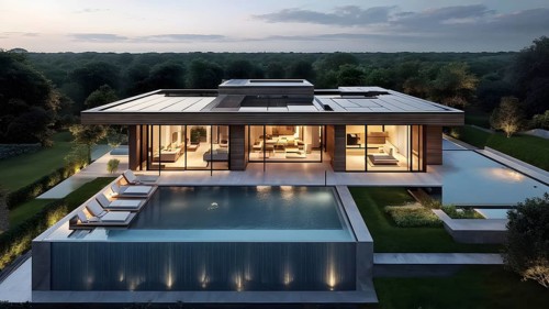 Luxurious wooden house with swimming pool reflecting the opulence of billionaires nestled in