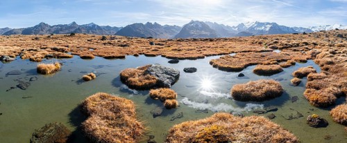 Small lake on the high plateau of the Gurgler Seenplatte, glaciated mountain peaks in the