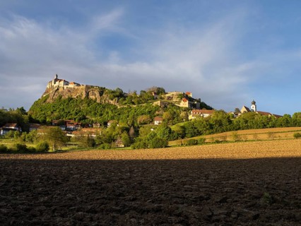 Farmland, Riegersburg Castle in the background, near Riegersburg, Styria, Austria, Europe