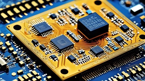 Close-up of a printed circuit board with microchip processor CPU, various electronic components and