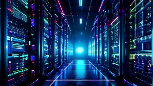 Server racks aligned in rows within a cloud computing data center background and data streams