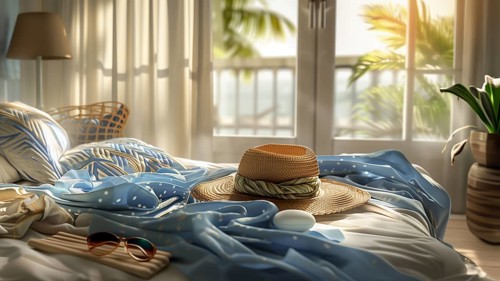 A beach scene with a straw hat and sunglasses on a bed. The window is open, letting in the