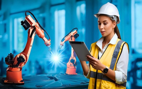 Industrial engineer with tablet control, automation of robotic arms, intelligent monitoring, AI