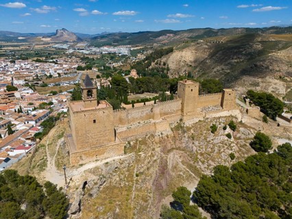 View of a medieval castle with stone walls and towers on a hill above a town and surrounding