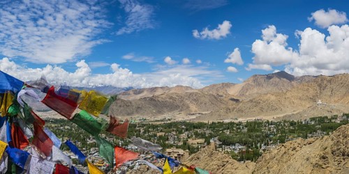Panorama from Tsenmo hill over Leh and the Indus valley to Stok Kangri, 6153m, Ladakh, Jammu and