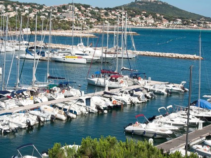 Marina full of boats with a long pier surrounded by green countryside and coastal development under
