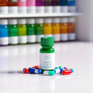 Glass bottle filled with assorted colored painkiller pills, AI generated