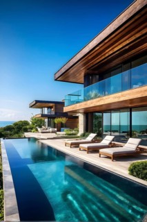 Luxurious wooden house with swimming pool reflecting the opulence of billionaires nestled in