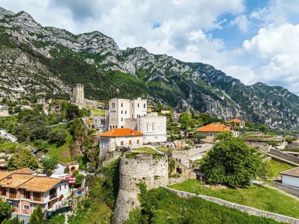 Kruje and Mount Kruje from a drone, Ishem River, Albania, Europe