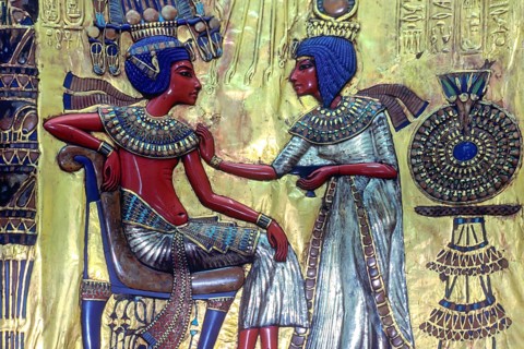 Throne of Pharaoh Tutankhamun, the backrest shows his woman Ankh-Sun-Amun anointing her man,