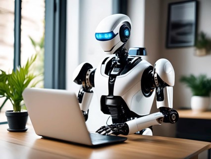 Android, robot writing on a laptop in the home office, symbolic image artificial intelligence