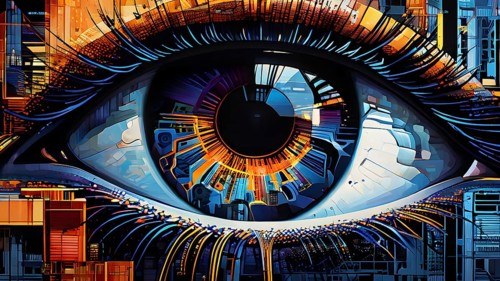 Illustration mosaic collage of an abstract detailed eye morphing into urban cityscape, AI generated