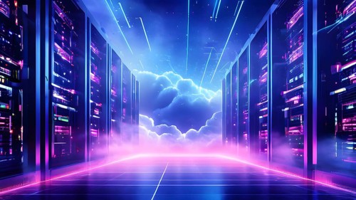 Server racks aligned in rows within a cloud computing data center background and data streams