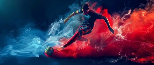 Soccer football forward player jumping and attacking the field for goal, AI generated