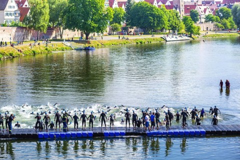 Swim start, triathlon, Danube, Ulm, Swabia, Baden-Wuerttemberg, Germany, Europe