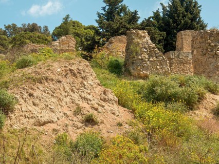 Stony ruins on a green hill under a sunny sky, Tunis in Africa with ruins from Roman times, modern