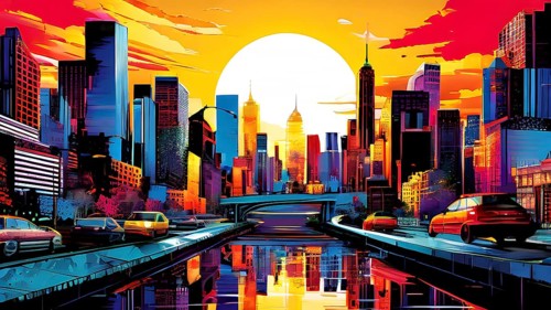 Urban cityscape collage featuring a mosaic of vibrant colors, AI generated