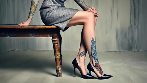 Woman sitting on a table, showing tattooed legs in high-heeled black shoes and a grey dress, AI