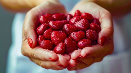A heart-shaped arrangement of strawberries held in hands, combining love with freshness and a