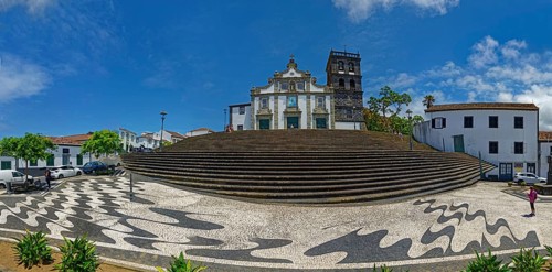 Panoramic view of the historic church Igreja Matriz de Nossa Senhora da Estrelwith large steps and