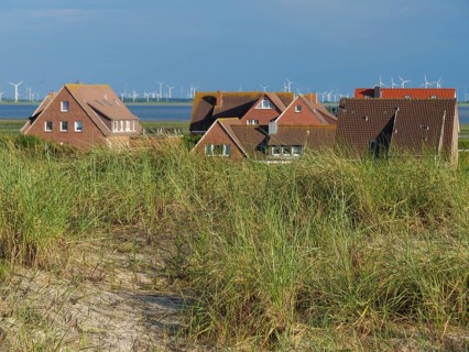 View from grassy dunes to brick houses with wind turbines and the sea in the background under blue