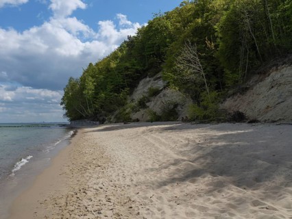 Sandy stretch of beach next to wooded dunes and a coastline, under a sky with cloud formations