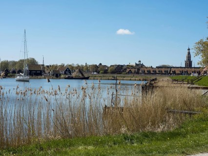 A lake with boats on the shore, a small town and a tower, reeds growing by the water, the scene