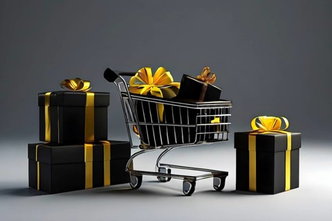 Black friday shopping cart brimming with black gift boxes tied with yellow ribbons against a dark