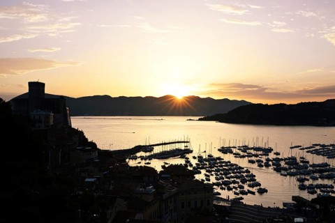 Panorama of evening Lerici at sunset, Ligurian sea, Liguria, Italy, Europe