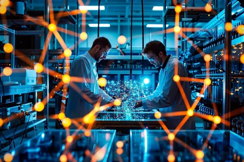 Quantum simulation using a sophisticated quantum computer in a modern laboratory, the image focuses