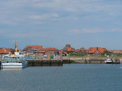 View of a harbour with several ships and houses behind them under a slightly cloudy sky, Baltrum