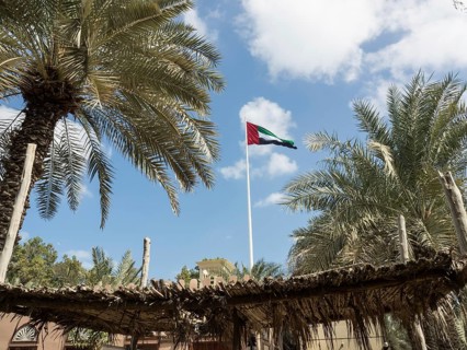 Flag of the United Arab Emirates waving in the wind, surrounded by palm trees and a thatched roof,