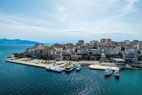 Saranda from a drone, Albanian Riviera, Albania, Europe