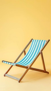 A blue and white striped beach chair with wooden legs. The chair is empty and is sitting on a