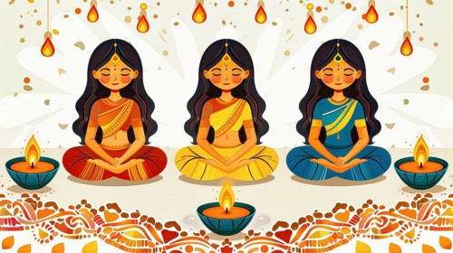 Three women in traditional attire, meditating with oil lamps against a mandala pattern, AI