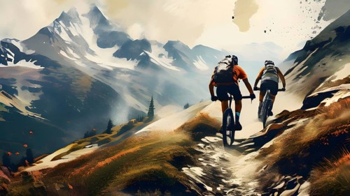 Abstract vintage grungy poster of a mountain biker on a trail in the Alps, AI generated