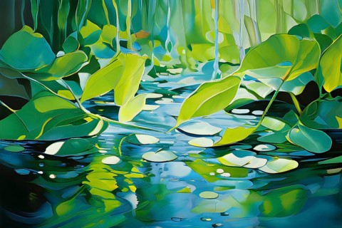 Abstract digital painting embodying sustainability with intertwining leaves glisten with water