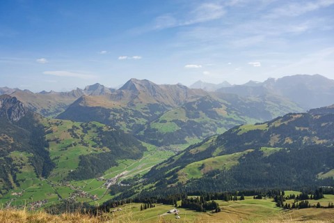 Spacious sunny valley with green meadows and mountains in the background under a blue sky, mountain
