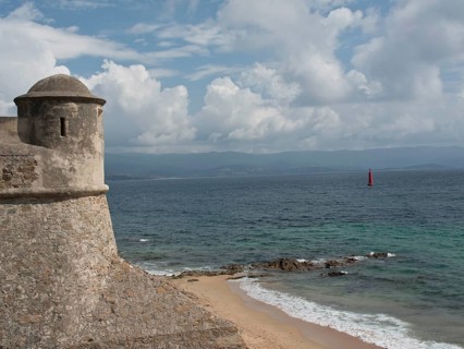 Old fortress on sandy beach with sea view, clouds in the sky, Corsica, ajaccio, France, Europe