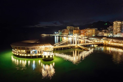 Pier and Promenade in Durres from a drone at night, Adriatic Sea, Albania, Europe