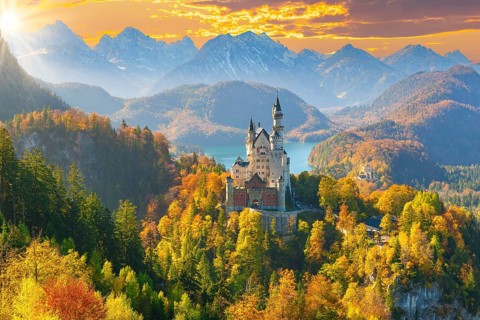 Neuschwanstein Castle in autumn, behind Alpsee, Schwangau, Ostallgaeu, Allgaeu, Swabia, Upper