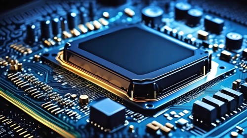 Close-up of a printed circuit board with microchip processor CPU, various electronic components and