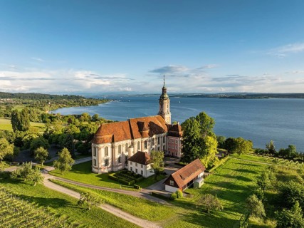 Aerial view of the pilgrimage church Birnau on Lake Constance, Uhldingen-Muehlhofen, Lake Constance
