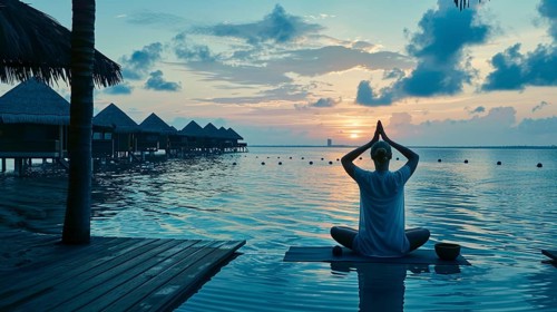 Eine Frau meditiert im Lotus-Sitz auf einem Deck am Wasser waehrend des Sonnenuntergangs, AI