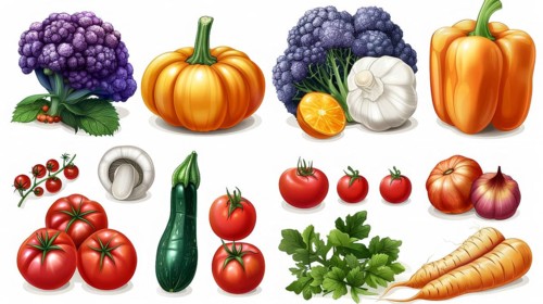 A variety of realistic vegetables including pumpkins, peppers, tomatoes, cauliflower, and herbs, AI