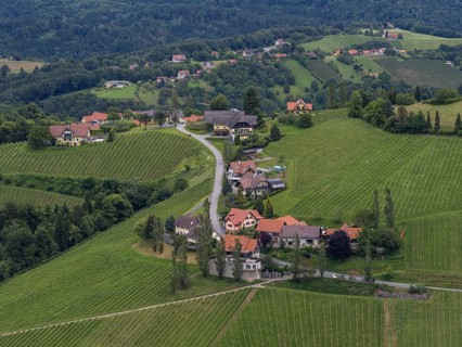 Hilly landscape, vineyards, view from the Demmerkogel lookout point, St. Andrae-Hoech, Sausal wine