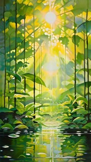 Abstract digital painting embodying sustainability with intertwining leaves glisten with water