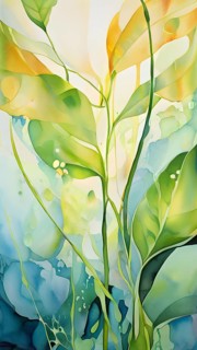 Abstract digital painting embodying sustainability with intertwining leaves glisten with water