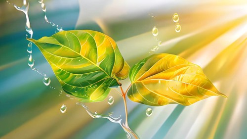 Abstract digital painting embodying sustainability with intertwining leaves glisten with water